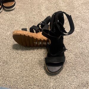 Sorel Black Cork Wedge Sandals with Ankle Strap